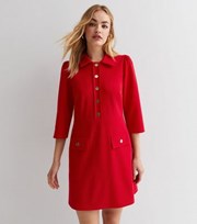 New Look Red Collar Neck 3/4 Sleeve Button Front Mini Dress